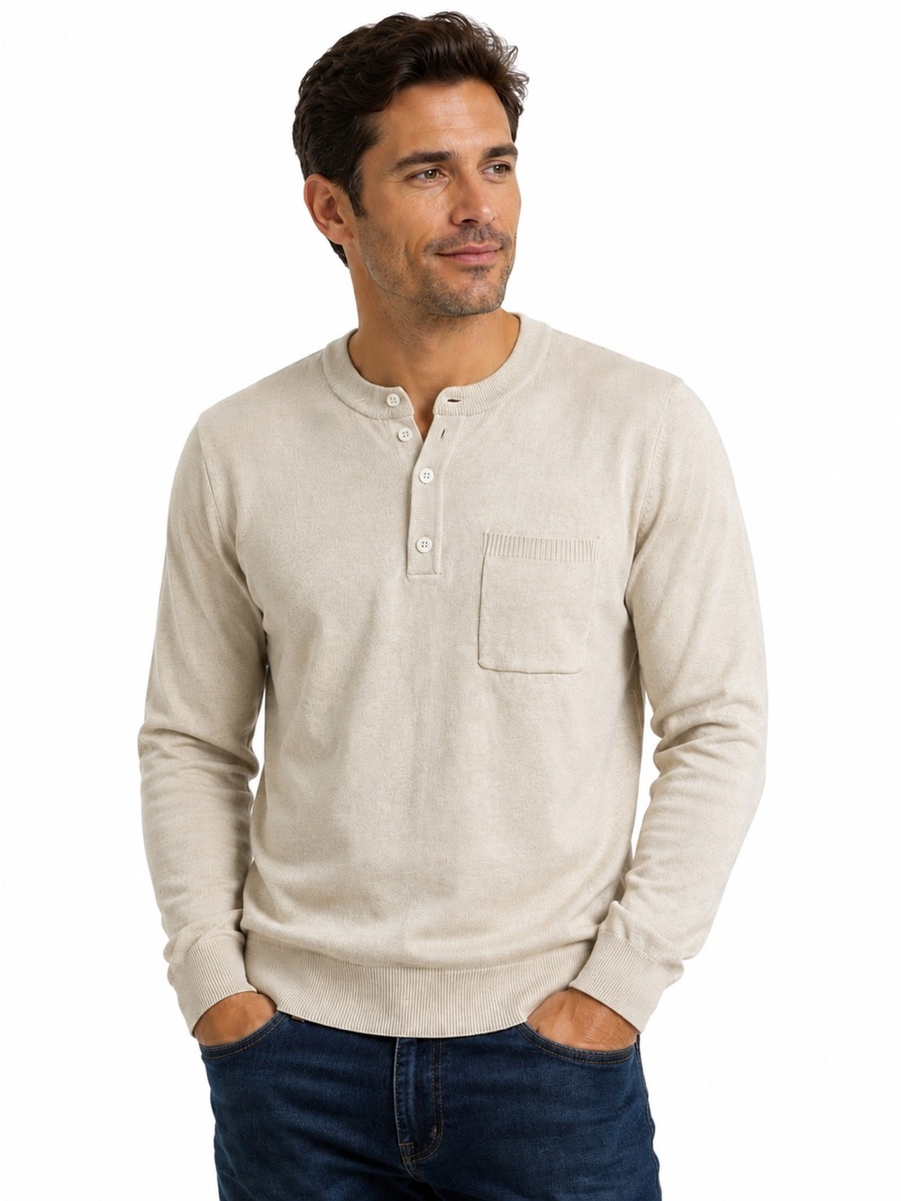 Coofandy Sweater Pullover Men M Cream Beige Knit Long Sleeve Crew Neck Button